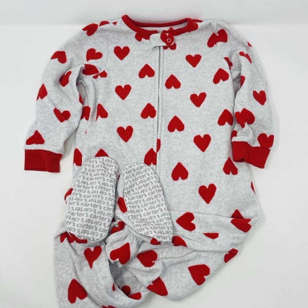 Carters Toddler‎ Girls Size 2T Heart Printed Zippered Fleece Footed Pajamas 1789
